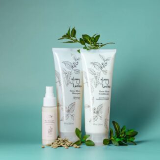 Hårpleiepakke med 100% Pure Glossy Locks Grow More shampoo & conditioner + detangler. Rensende og næringsgivende trio som stimulerer hårvekst og tilfører fuktighet.